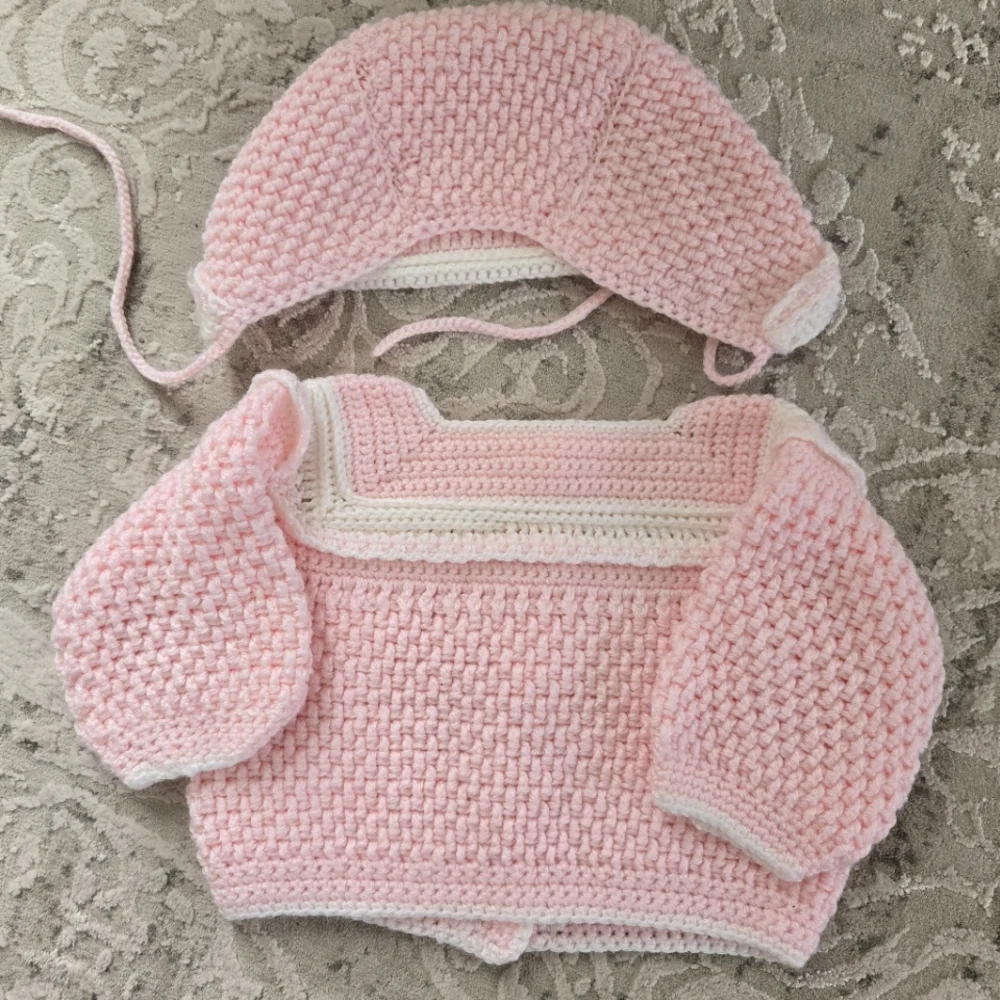 Pink and White Crochet Baby Sweater And Bonnet Set